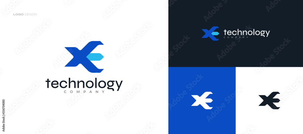 Abstract and Modern Initial Letter X and E Logo Design. XE or EX Logo in Blue Color Combination for Business and Technology Brand Identity