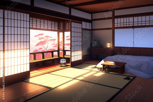 Japanese anime style bedroom with a balcony and yukimi shoji windows, pink blossom trees outside with sunlight, generative ai photo
