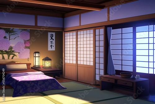 Japanese anime style cozy bedroom with yukimi shoji windows, generative ai