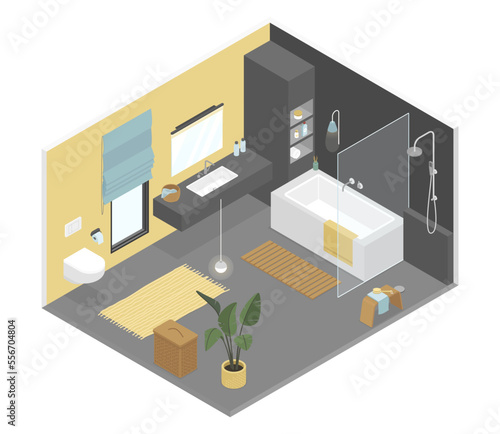 Stylish black bathroom - modern vector colorful isometric illustration