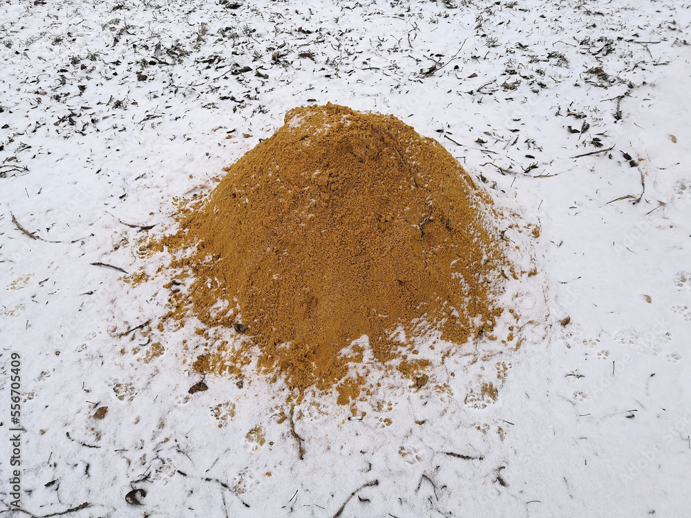 A pile of sand lies on the snow. Slippery paths in winter, sand for pavement sprinkling.