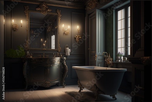Vintage luxury bathroom interior design with retro style furniture  wallpaper and accessories in a beautiful trendy scene of classic Victorian style