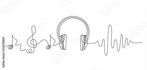 One line headphones. Continuous drawing of music gadget and note. Audio headphone outline sketch. Lineart vector concept of musical symbol. Illustration headphone drawing contour 