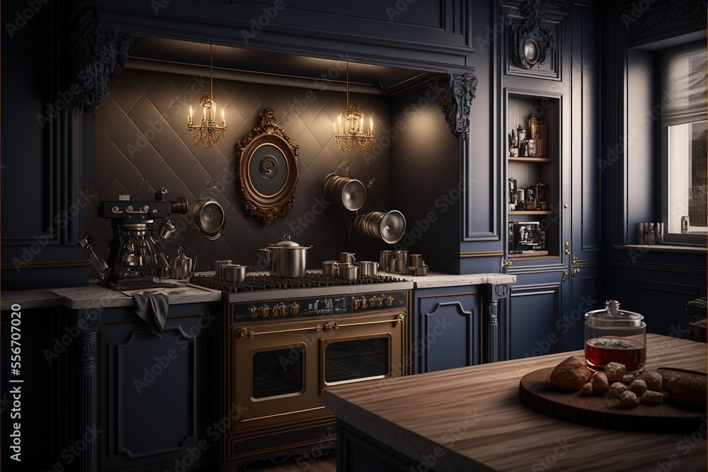 Vintage luxury kitchen interior design with retro style furniture