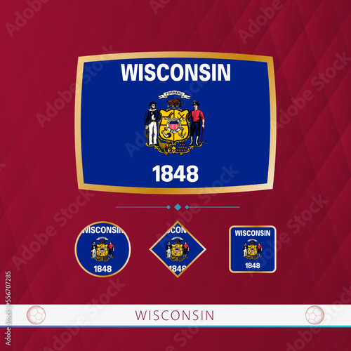 Set of Wisconsin flags with gold frame for use at sporting events on a burgundy abstract background. © boldg
