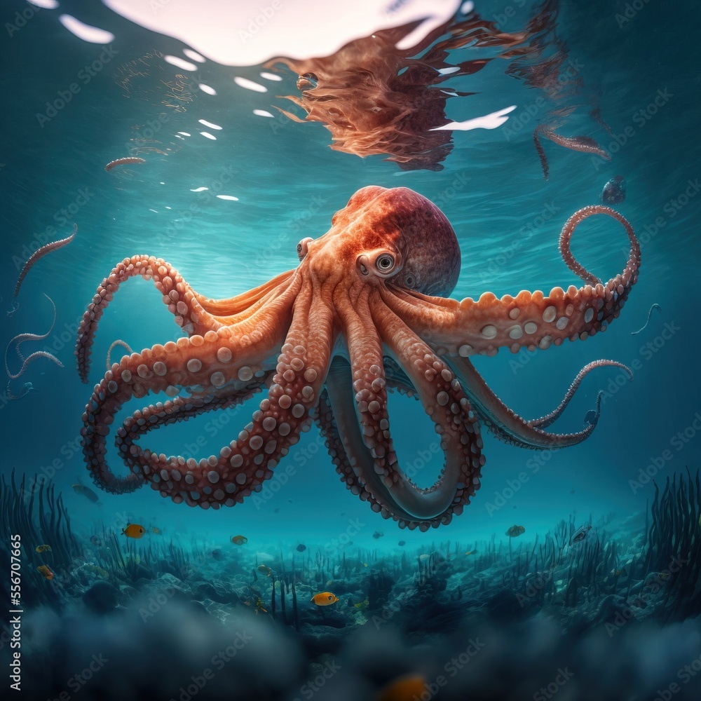 an octopus swimming in the ocean with a fish in its mouth and a fish in ...