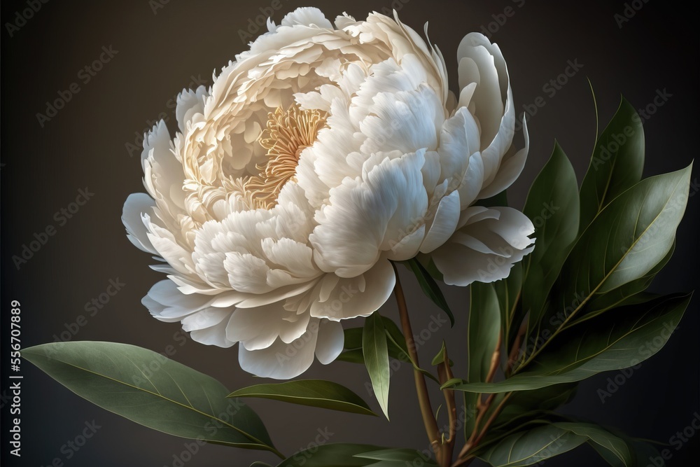 a white flower with green leaves on a black background with a dark background behind it and a dark background behind it. a white flower with green leaves on a black background with a dark background behind it and a dark background behind it.