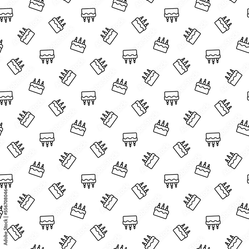 Small black contour linear cakes with candles isolated on white background. Cute monochrome seamless pattern. Vector simple flat graphic illustration. Texture. Small black contour linear cakes with candles isolated on white background. Cute monochrome seamless pattern. Vector simple flat graphic illustration. Texture.