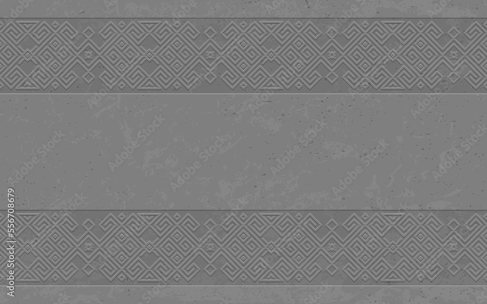 Seamless vector grunge rough gray concrete background with viking epic scandinavian pattern. Exposed art concrete material brutal ethnic geometric pattern in norwegian style. Slavic pagan design - obrazy, fototapety, plakaty 