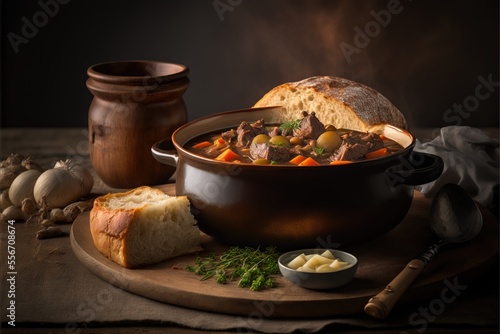a bowl of stew with bread and garlic on a wooden board with a knife and a bowl of butter.