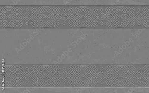 Seamless vector grunge rough gray concrete background with viking epic scandinavian pattern. Exposed art concrete material brutal ethnic geometric pattern in norwegian style. Slavic pagan design