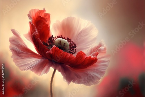 a red and white flower with a blurry background of red and white flowers in the background.