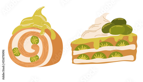 Matcha desserts set. Japanese Matcha Roll. Asian food. Perfect for restaurant cafe and print menus. Vector hand draw cartoon illustration.