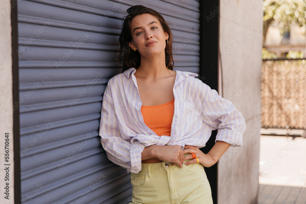 Beautiful young caucasian girl looks at camera leaned on roller blinds outdoor. Model with wavy brunette hair wears shirt, top and jeans. Leisure lifestyle concept. Beautiful young caucasian girl looks at camera leaned on roller blinds outdoor. Model with wavy brunette hair wears shirt, top and jeans. Leisure lifestyle concept.
