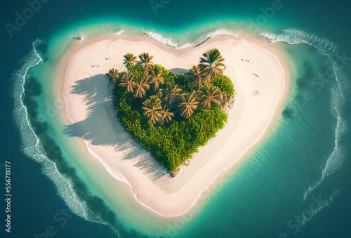 Island in Form of Heart in Turquoise Sea. Generative AI Art. Heart Shaped Land in the Middle of Ocean.