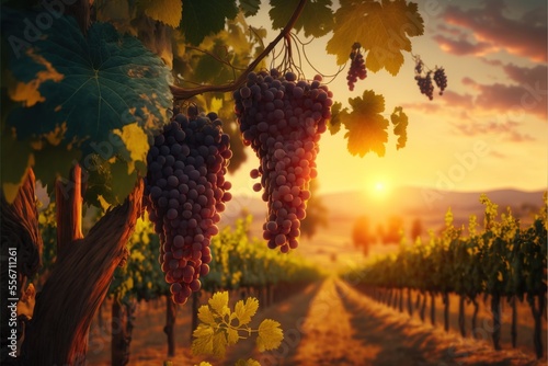 a bunch of grapes hanging from a vine in a vineyard at sunset or dawn with the sun setting behind them. Generative AI