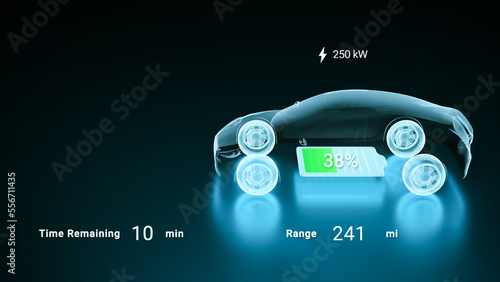 Electric Vehicle charging battery using superfast charger, smart information EV power station status display, futuristic design hybrid car power level indicator UI interface 3d rendering photo