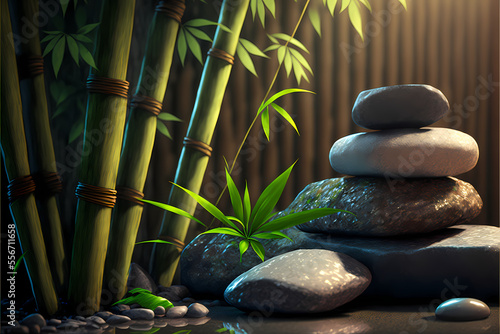 Background Nature Bamboo and stones in a wellness spa, meditation, relax, dark background, wallpaper, illustration digital generative ai design art style