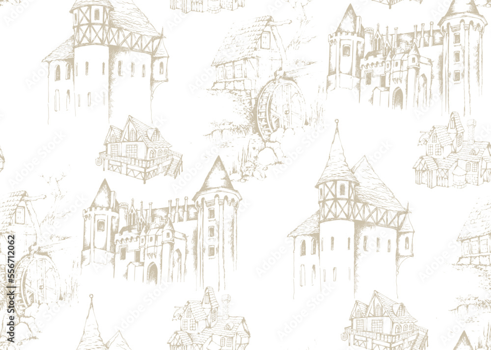 Seamless pattern of medieval castles and houses.  In style Toile de Jou. Suitable for fabric, wrapping paper and the like
