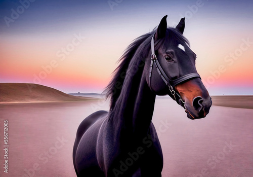 Black horse with bridle on a flat featureless plain with a rolling hill in the background, peaceful mood, made with generative AI