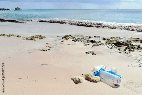 Plastic in the ocean, pollution on the caribbean dream beach