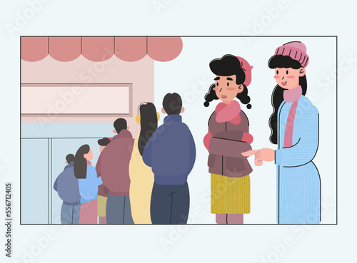 Vector illustration, people stand in line on the street in winter. Illustration for advertising, poster, paster, booklet.