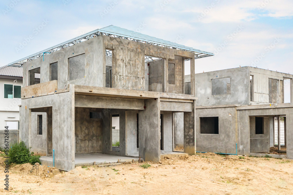 construction residential new house with prefabrication system in progress at building site