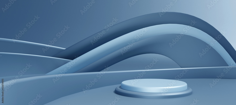 Blue cylinder podium with decorative objects on blue background. Stand to show products. Modern pedestal display with copy space. Banner size. Website cover template. 3D rendering. Blue cylinder podium with decorative objects on blue background. Stand to show products. Modern pedestal display with copy space. Banner size. Website cover template. 3D rendering.