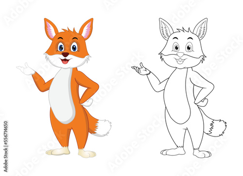 Happy cartoon fox with line art, fox sketch color less page isolated on white background.