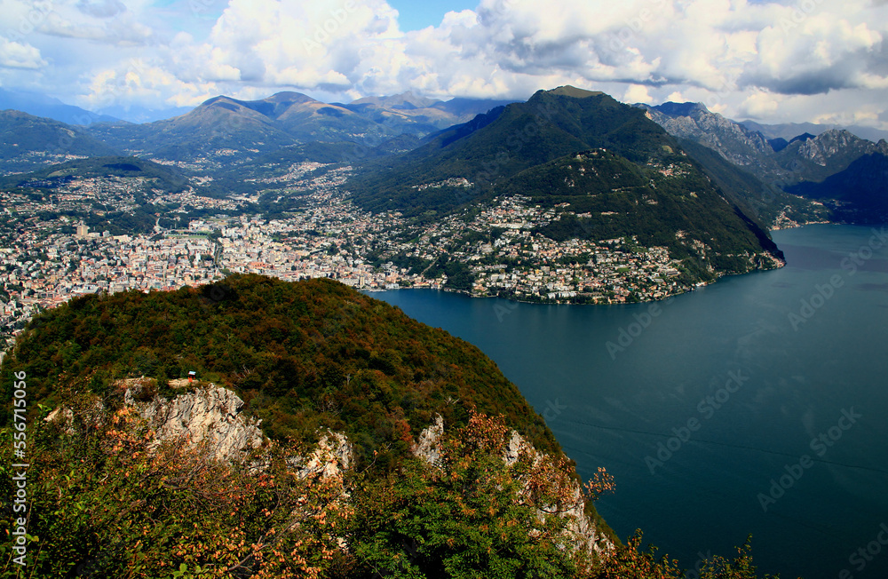 Panoramic view of the mountains and Lake Lugano from Mount San Salvatore in the city of Lugano, in southern Switzerland