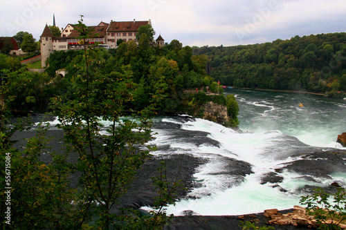 Landscape with the Rheinfall waterfall and the Laufen castle near the town of Neuhausen in Switzerland