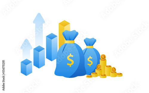 Financial management concept and investment, Flat design of payment and finance with money, cash, banknote, calculator, credit card, pile coins and stack of coins.