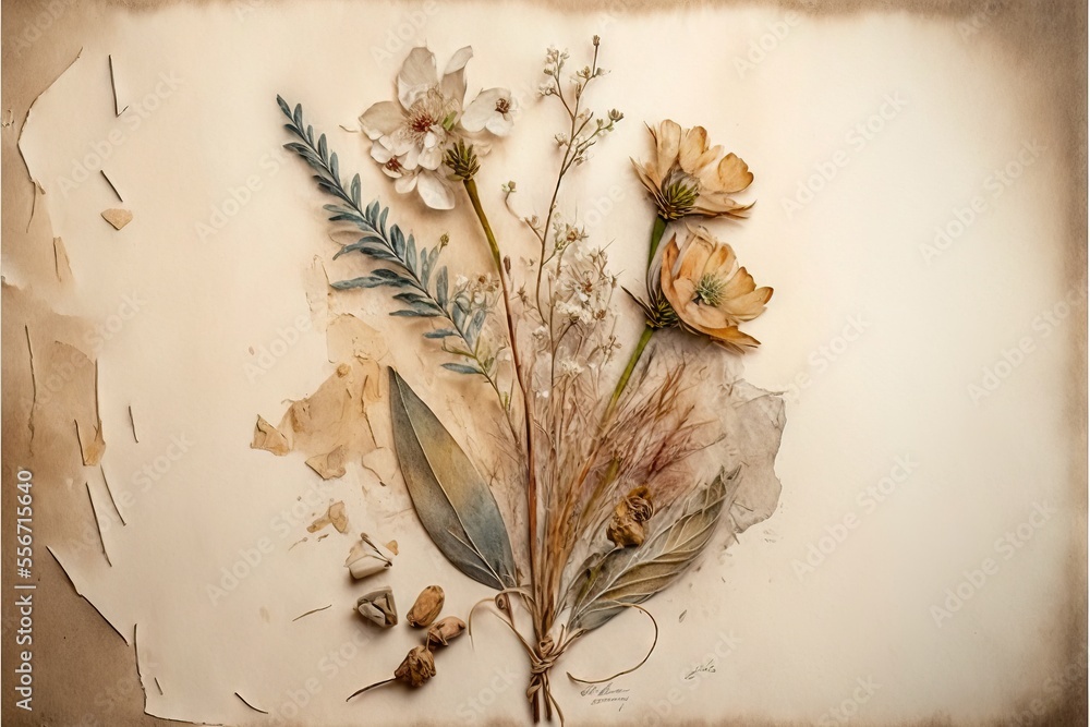 Φωτογραφία a painting of flowers and leaves on a wall with peeling paint and a torn paper background with a hole in the middle
