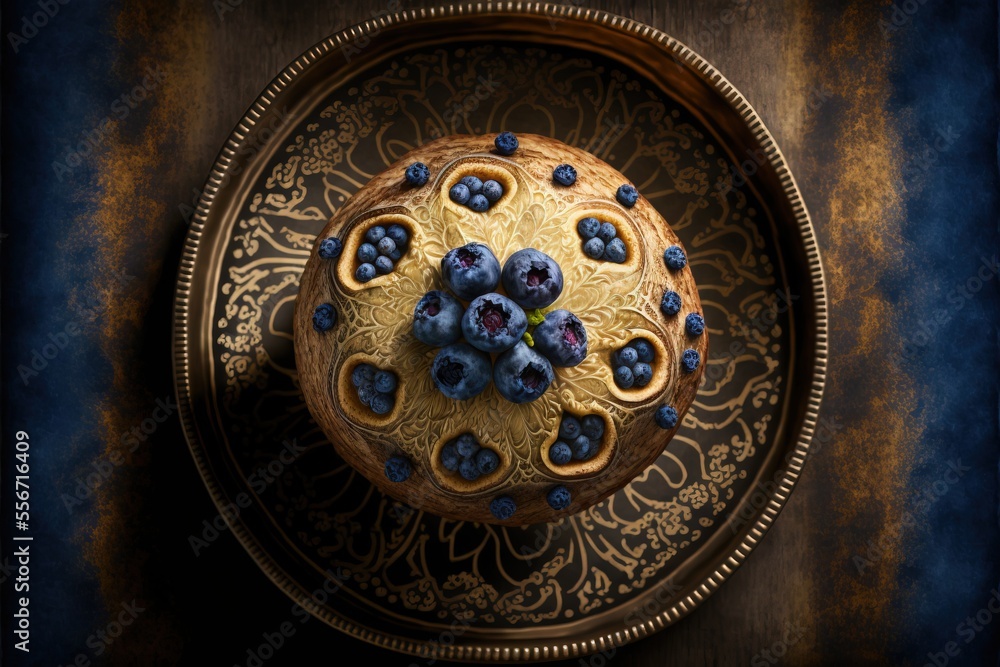 a decorative plate with a blueberry cake on it's side.