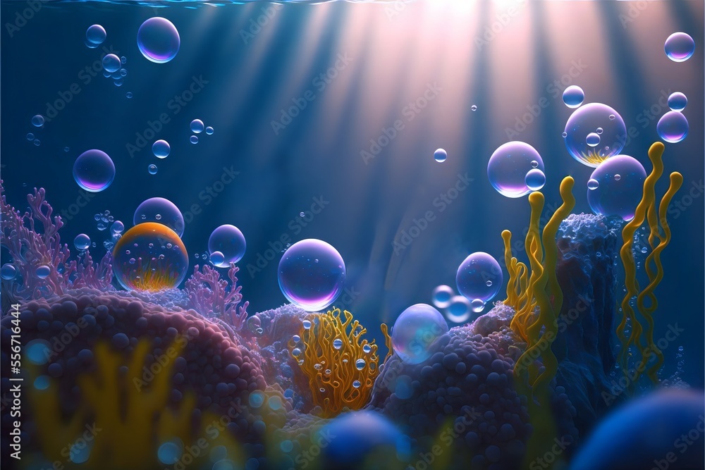 Bright blue underwater landscape with bright sun rays plankton algae