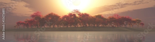 Autumn trees over the river, autumn park over the water surface, 3d rendering