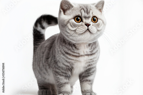 Portrait of a surprised cute silver tabby British Shorthair grey cat on white background isolated, closeup cat photo. A beautiful cat photo for advertises.