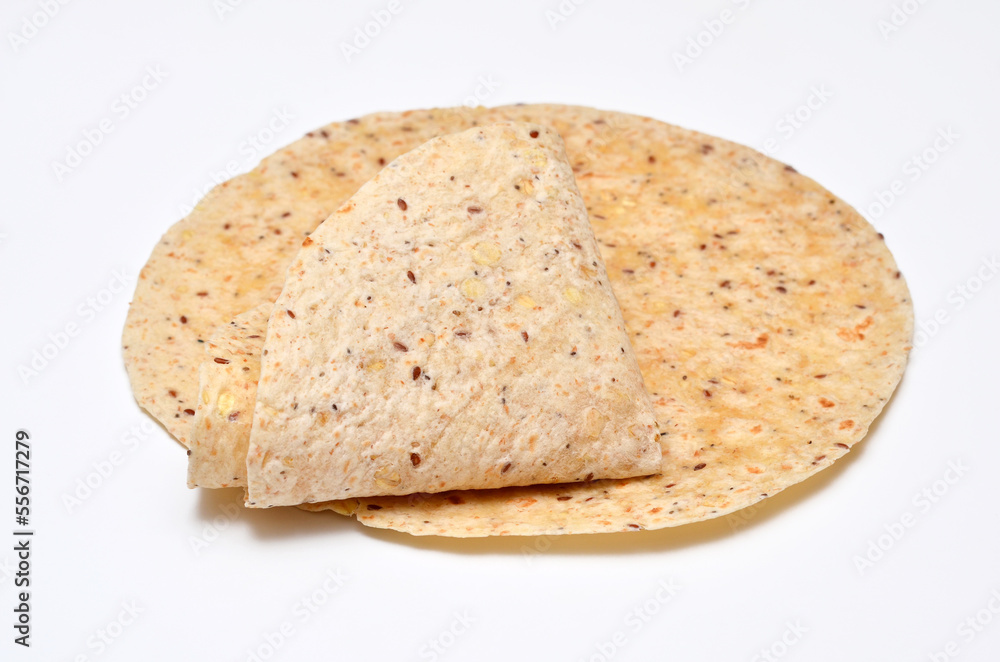 whole grain latin tortillas on a white background close-up