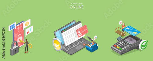 3D Isometric Flat Vector Conceptual Illustration of Credit Card Online, Online Payment Protection