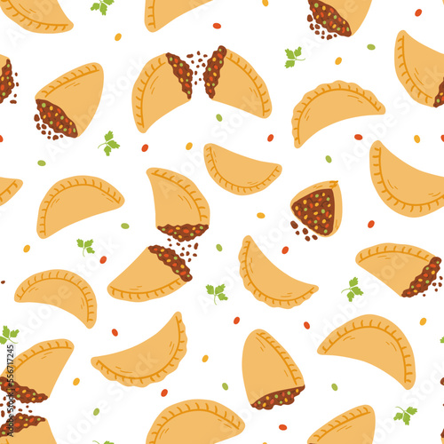 Seamless pattern with empanadas in cartoon flat style. Hand drawn vector background with traditional Latino America food, folk cuisine