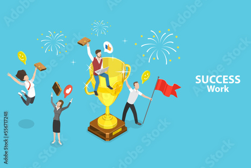 3D Isometric Flat Vector Conceptual Illustration of Success Work, Completed Task, Team Triumph