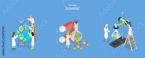 3D Isometric Flat Vector Conceptual Illustration of Female Scientist  Research and Development