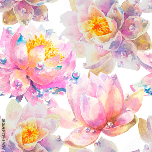 Fotografie Watercolor Seamless Pattern with Romantic flowers of water lily on white background