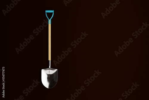 Shovel on a dark background. The concept of digging, using a shovel to dig in the ground, ground. 3D render, 3D illustration.