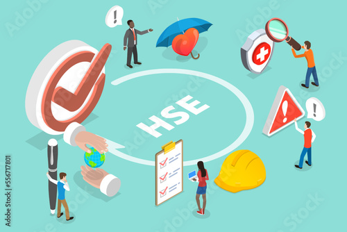 3D Isometric Flat Vector Conceptual Illustration of HSE stands for Health Safety Environment, Company Labor Force Work Protection and Risk Awareness