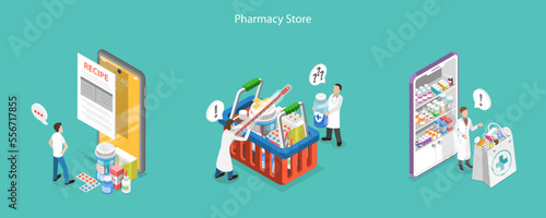 3D Isometric Flat Vector Conceptual Illustration of Pharmacy Store, Online Drugstore Service