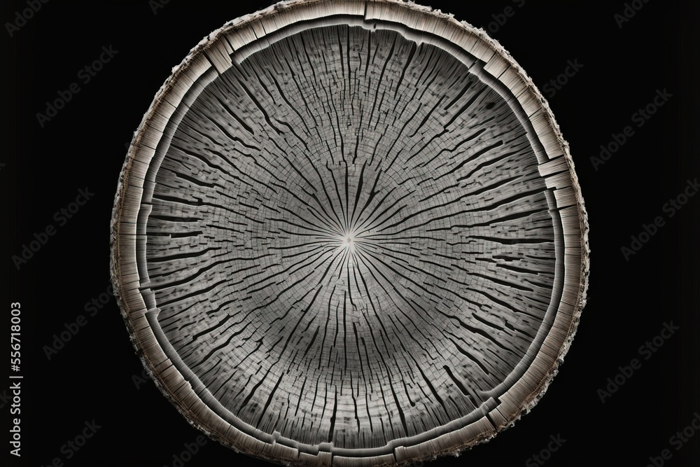 a black and white photo of a wooden object with a circular design on it's surface.