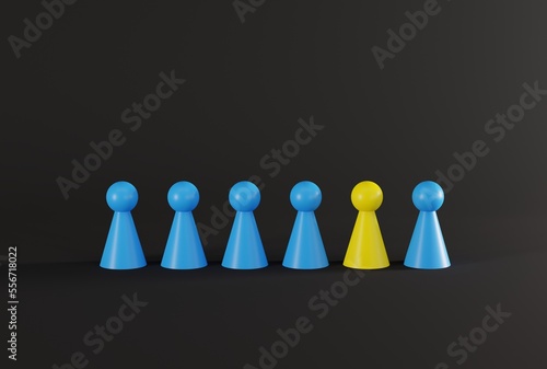 Yellow and blue pawns. Diversity, racism and discrimination issues concept. Creative activities and team work. 3D render, 3D illustration.