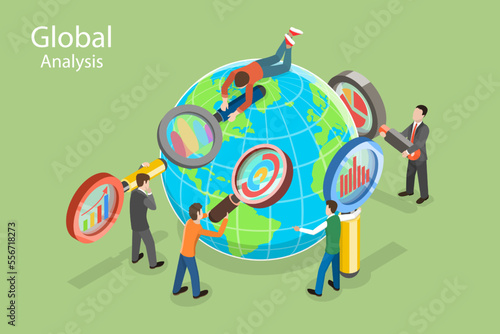 3D Isometric Flat Vector Conceptual Illustration of Global Market Analysis, Globalization and International Trade