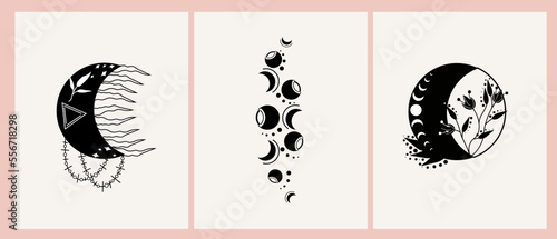 Black and white mystical posters with celestial moon, mystical leaves. Esoteric elements of mystical astrology. Black and white compositions for your design. Minimalistic design. Vector illustration